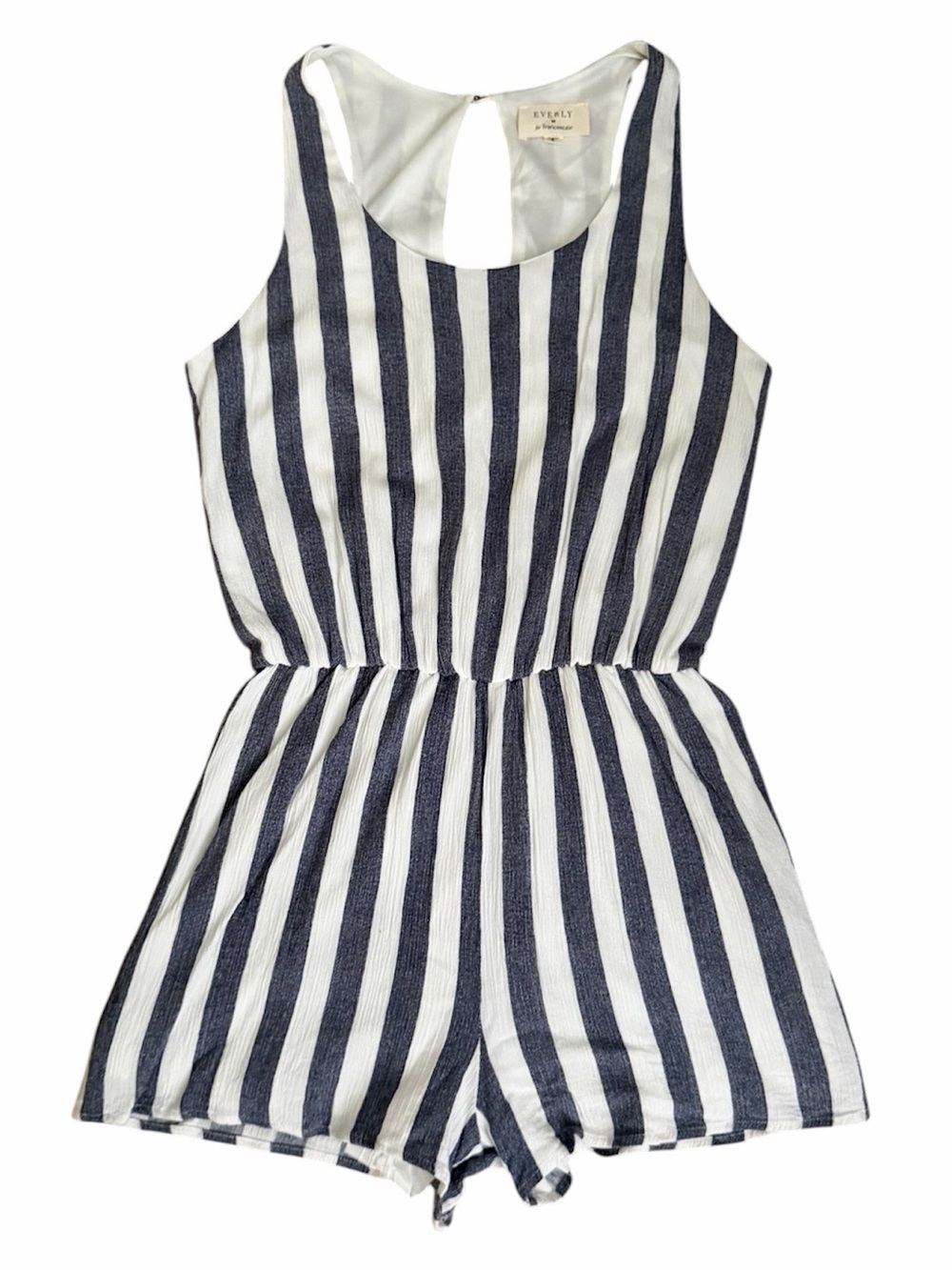 EVERLY Navy and White Striped Open Keyhole Back Romper
